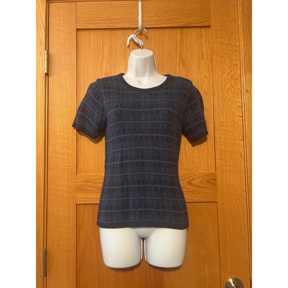 Vintage 90s Women's Sweater Navy Blue Grid Knit Short Sleeve Top XS Cotton